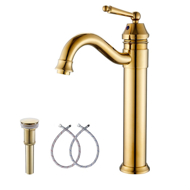 GGStudy Tall Body Single Handle One Hole Bathroom Vessel Sink Faucets Gold Finish with Pop Up Drian Without Overflow - Image 1